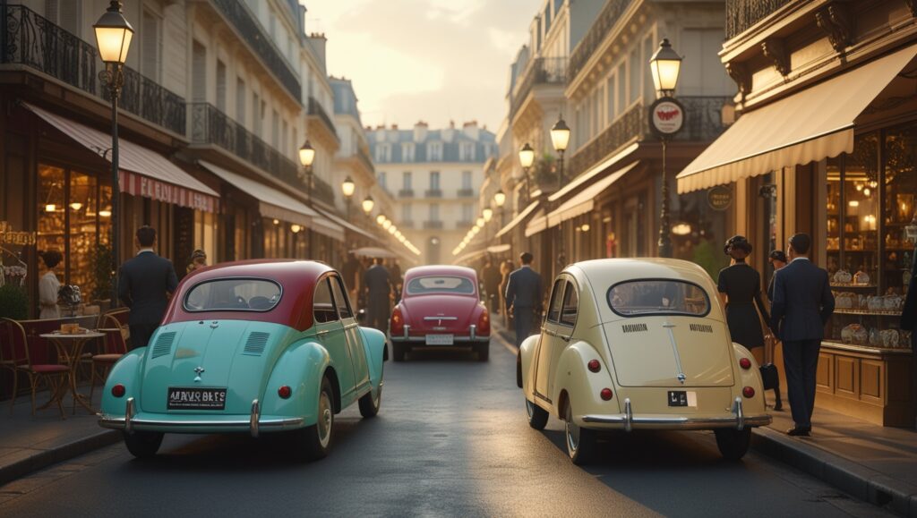 A vintage 1960s street in Paris, with classic cars and people in retro fashion — cinematic lighting